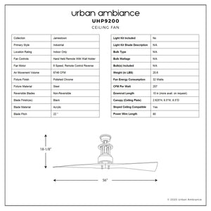 A diagram showing the dimensions of the UHP9200 Cosmopolitan Indoor Ceiling Fan, 18.1