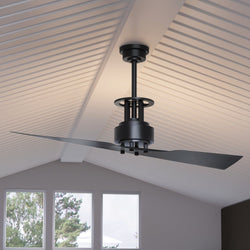 An Urban Ambiance UHP9201 Cosmopolitan Indoor Ceiling Fan, 18.1"H x 56"W, Charcoal, Jamestown Collection in a living room.