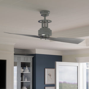 A unique UHP9202 Cosmopolitan Indoor Ceiling Fan, 18.1"H x 56"W, Brushed Nickel, Jamestown Collection by Urban Ambiance in a living room