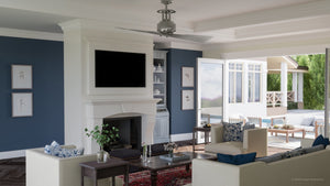 A living room with a luxury UHP9202 Cosmopolitan Indoor Ceiling Fan, 18.1