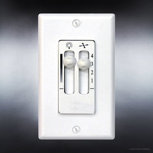 Effortlessly control your UHP9210 Modern Indoor Ceiling Fan from Urban Ambiance’s Capitola Collection—and its integrated lighting—using this sleek white wall switch panel. Featuring two vertical sliders labeled 1 to 4 with distinctive fan and lightbulb icons, this panel is designed for intuitive adjustment of both the contemporary ceiling fan and its illumination.