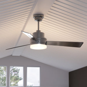 An UHP9210 Modern Indoor Ceiling Fan, 15.8"H x 52"W, Brushed Nickel, Capitola Collection by Urban Ambiance in a room with a white ceiling.