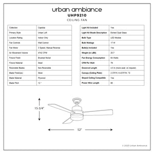 Diagram and specifications sheet for the Urban Ambiance Capitola Collection UHP9210 Modern Indoor Ceiling Fan, Brushed Nickel finish, 15.8 inches high by 52 inches wide, detailing dimensions, materials, features, light type, and performance information.