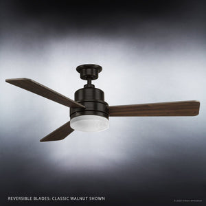 An UHP9211 Modern Indoor Ceiling Fan with a wooden blade and a black background, from the beautiful Capitola Collection by Urban Ambiance.