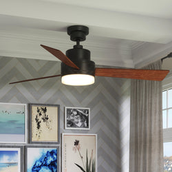A living room with a Urban Ambiance UHP9211 Modern Indoor Ceiling Fan, 15.8"H x 52"W, Olde Bronze from the Capitola Collection and framed