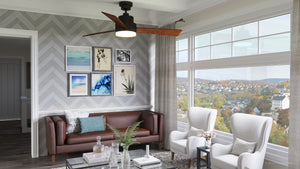 A living room with furniture and a gorgeous Urban Ambiance UHP9211 Modern Indoor Ceiling Fan, 15.8