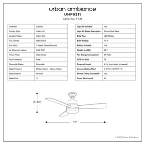 A diagram showcasing the dimensions of the unique UHP9211 Modern Indoor Ceiling Fan, 15.8