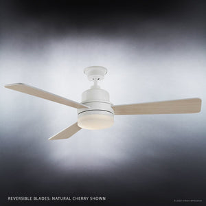 The Urban Ambiance UHP9212 Modern Indoor Ceiling Fan from the Capitola Collection features a sleek white finish, three light wood blades, and a central light fixture. The fan is showcased against a gray gradient background.