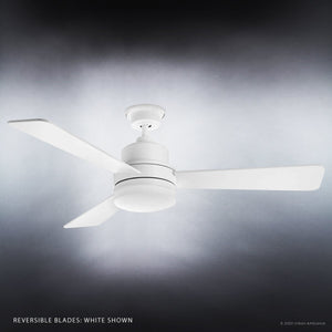 The Urban Ambiance UHP9212 Modern Indoor Ceiling Fan from the Capitola Collection, featuring three blades and a sleek white finish, is mounted on the ceiling and photographed against a gradient gray background.