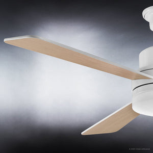 Close-up of the Urban Ambiance UHP9212 Modern Indoor Ceiling Fan from the Capitola Collection, featuring two light wood blades and a white motor housing. Measuring 15.8 inches high by 52 inches wide, this energy-saving LED ceiling fan is showcased against a gradient gray background.