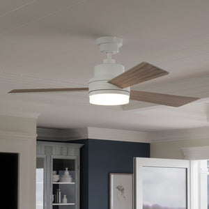 A gorgeous Urban Ambiance UHP9212 Modern Indoor Ceiling Fan, 15.8"H x 52"W, White from the Capitola Collection in a living room with a tv