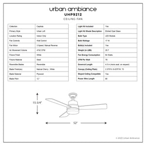 Fact sheet for the Urban Ambiance UHP9212 Modern Indoor Ceiling Fan from the Capitola Collection, detailing specifications such as its 15.8″ height, 52″ width, white finish, construction materials, energy-efficient LED lighting options, and technical information—accompanied by a diagram.