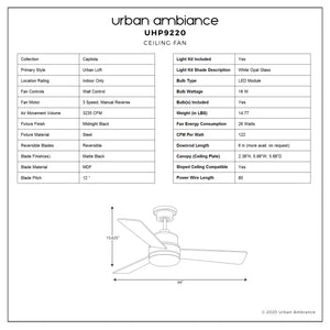 A diagram showing the dimensions of a unique UHP9220 Modern Indoor Ceiling Fan, Midnight Black, Capitola Collection by Urban Ambiance.