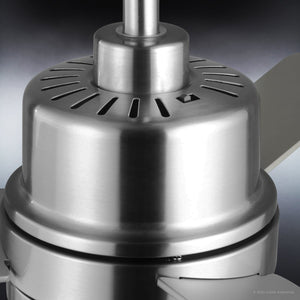 Close-up view of the Urban Ambiance UHP9221 Modern Indoor Ceiling Fan from the Capitola Collection, featuring a brushed nickel motor housing with air vents, a portion of one blade, and the central downrod—showcasing the sleek design characteristic of contemporary 44-inch fans.