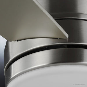 Close-up of the UHP9221 Modern Indoor Ceiling Fan from Urban Ambiance’s Capitola Collection, featuring a metallic blade connected to a brushed nickel fixture with a frosted glass light cover.