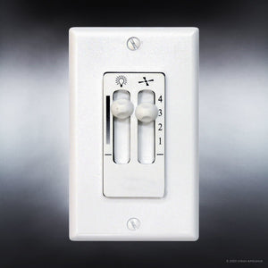 The Urban Ambiance UHP9221 Modern Indoor Ceiling Fan from the Capitola Collection features a sleek white wall plate with two vertical sliders—one for adjusting light brightness and the other for selecting fan speed settings numbered 1 to 4—making it perfect for precise control of your LED ceiling fan.