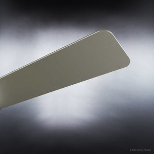 Close-up of a single blade from the Urban Ambiance UHP9221 Modern Indoor Ceiling Fan (Capitola Collection, 15.6″H x 44″W, Brushed Nickel), set against a gradient gray background with light shining behind the blade.