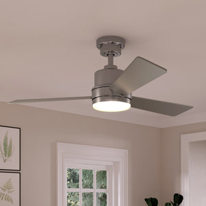 A gorgeous UHP9221 Modern Indoor Ceiling Fan, 15.6"H x 44"W, Brushed Nickel, Capitola Collection by Urban Ambiance in a living room.