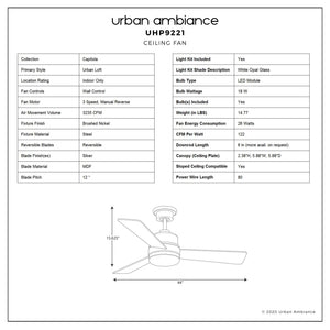 Specification sheet for the Urban Ambiance Capitola Collection UHP9221 Modern Indoor Ceiling Fan, measuring 15.6 inches in height and 44 inches in width, finished in brushed nickel. The document details features such as dimensions, materials, integrated LED light kit, finish options—including the contemporary brushed nickel style—and technical specifications, and includes a labeled diagram of the fan.