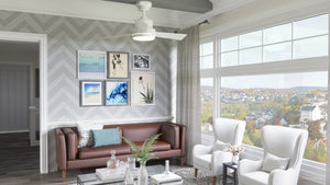 A living room with a gorgeous Urban Ambiance UHP9222 Modern Indoor Ceiling Fan, 15.6