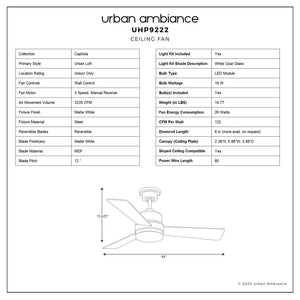 A diagram showing the dimensions of a UHP9222 Modern Indoor Ceiling Fan, 15.6