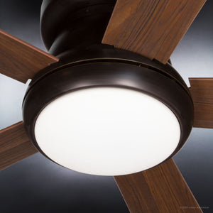Close-up view of the Urban Ambiance UHP9230 Traditional Indoor Ceiling Fan from the Beaufort Collection, featuring an Olde Bronze finish, four American Walnut blades, and a centrally positioned round LED light fixture.
