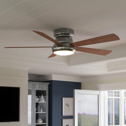 A Unique Urban Ambiance UHP9231 Traditional Indoor Ceiling Fan, 11.6"H x 52"W, Brushed Nickel, Beaufort Collection in a living room with blue