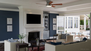 A living room with blue walls and a UHP9231 Traditional Indoor Ceiling Fan, 11.6