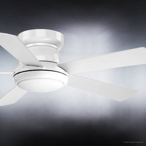A stylish white ceiling fan from the Beaufort Collection by Urban Ambiance, the UHP9232 Traditional Indoor Ceiling Fan (11.6″H x 52″W), features four blades and an opal glass diffuser with an integrated LED light, mounted on a ceiling against a gray gradient background.