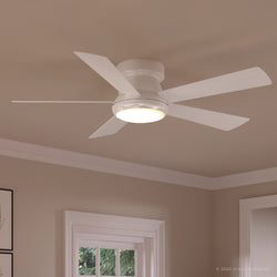 A beautiful UHP9232 Traditional Indoor Ceiling Fan, 11.6"H x 52"W, White, Beaufort Collection by Urban Ambiance in a room with beige walls.