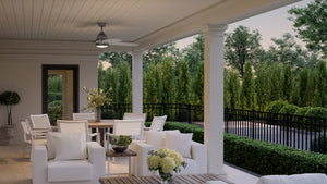 A rendering of a patio with the Urban Ambiance UHP9330 Urban Loft Ceiling Fan 16''H x 56''W, Aged Nickel Finish, featuring luxury furniture from the Bunbury