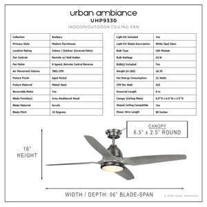 A diagram illustrating the dimensions of a unique Urban Ambiance UHP9330 Urban Loft Ceiling Fan 16''H x 56''W, Aged Nickel Finish, Bunbury Collection.