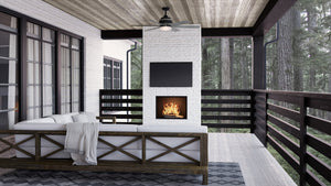 A beautiful living room with a UHP9333 Transitional Ceiling Fan 17.25''H x 56''W, Charcoal Finish, Melton Collection on the porch by Urban Amb