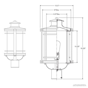 Technical drawing of the Urban Ambiance UQL1010 Mid-Century Modern Outdoor Post Light from the Cannes Collection, featuring dimensions of 19.5″ height and 10.5″ width, labeled details such as a visible light bulb, mounting base, elegant seeded glass accents, and a Black Silk finish.