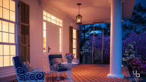 A porch with blue chairs and a gorgeous Urban Ambiance UQL1011 Mid-Century Modern Outdoor Pendant, 18