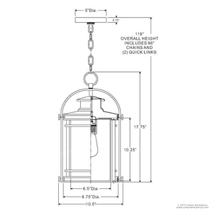A diagram showing the dimensions of the UQL1011 Mid-Century Modern Outdoor Pendant lamp, 18