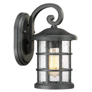 The Urban Ambiance UQL1040 Craftsman Outdoor Wall Light from the Vienna Collection features a natural black finish, cylindrical seeded glass, metal grid, and decorative backplate; measures 11