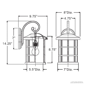 Black and white technical drawing of the Urban Ambiance UQL1043 Craftsman Outdoor Wall Light from the Vienna Collection, showing detailed height (14.25″), width (8″), and depth measurements labeled in inches, along with diameter dimensions for various parts. The illustration highlights the distinct silhouette of a lantern in a Parisian Bronze finish with seedy glass lighting elements, emphasizing its marine-grade construction.