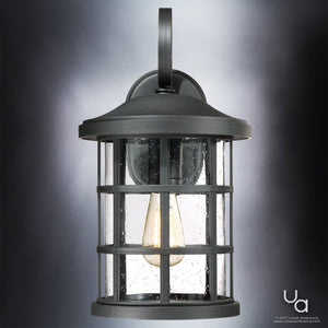 The UQL1044 Craftsman Outdoor Wall Light by Urban Ambiance features a natural black finish, clear glass, and visible bulb. Its marine-grade construction ensures lasting style outdoors. Shown illuminated against a gradient background.
