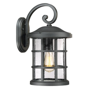 The Urban Ambiance UQL1044 Craftsman Outdoor Wall Light features a natural black finish, clear seeded glass, metal grid design, and curved arm. It is 17.75