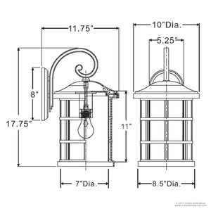 Technical drawing of the Urban Ambiance UQL1045 Craftsman Outdoor Wall Light from the Vienna Collection, in Parisian Bronze finish with marine-grade construction and seeded glass. Dimensions are 17.75″ high, 10″ wide, and a 5.25″ base depth; labeled side and front views shown.