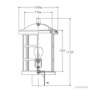 Technical drawing of the Urban Ambiance UQL1046 Craftsman Outdoor Post Light, Vienna Collection, 17.25