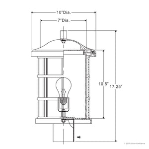 Technical drawing of the Urban Ambiance UQL1047 Craftsman Outdoor Post Light from the Vienna Collection, in a Parisian Bronze finish, measuring 17.25 inches high by 10 inches wide, with internal bulb placement illustrated; features marine-grade construction.