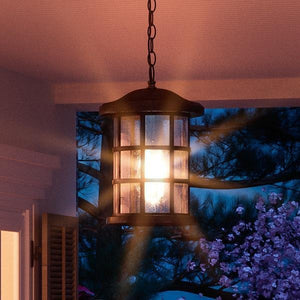 An Urban Ambiance UQL1049 Craftsman Outdoor Pendant Light from the Vienna Collection, featuring a Parisian Bronze finish and marine-grade construction, hangs outside and glows at dusk, illuminating part of a porch. Seeded glass diffuses the light as it shines over nearby trees and purple flowers, with rays visible in the evening sky.