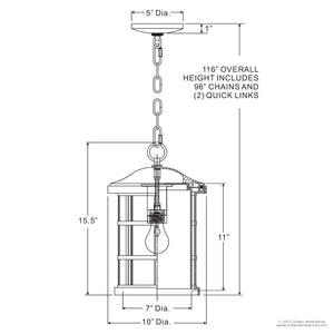 Black and white diagram of the Urban Ambiance UQL1049 Craftsman Outdoor Pendant Light in Parisian Bronze finish, showing labeled dimensions (15.5″H x 10″W), chain, ceiling mount, and internal light bulb. This Vienna Collection fixture features classic Craftsman styling with an outdoor lantern silhouette and offers a total height of 116 inches with the included chains and quick links. Built with marine-grade construction for durability.