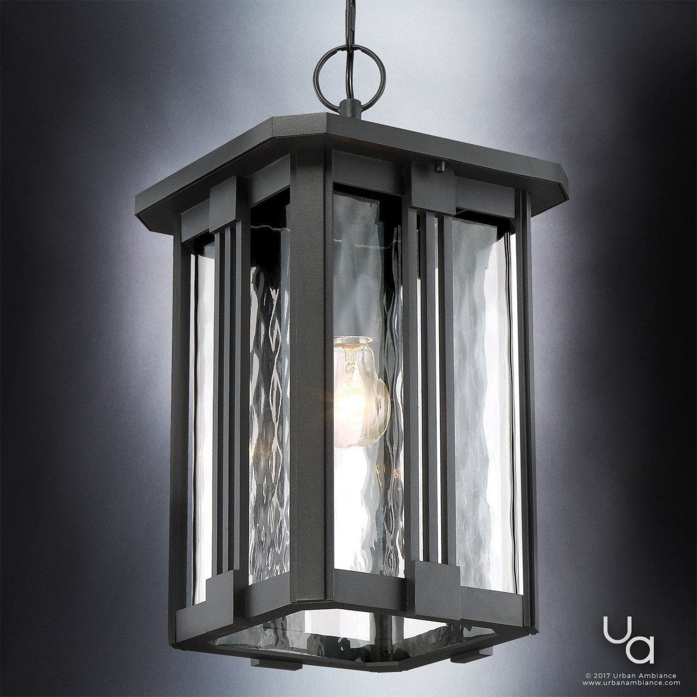 Luxury Craftsman Outdoor Pendant Light, Large Size: 19H x 10.5W, with Mid-Century Modern Style Elements, Vertical Stripes Design, Natural Black