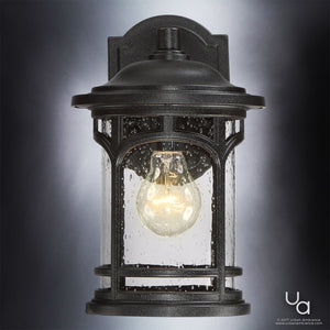 The Urban Ambiance UQL1100 Rustic Outdoor Wall Light from the Sydney Collection features a black silk finish, clear seeded glass, and marine-grade construction—an 11