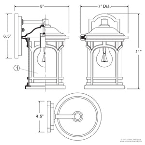Technical drawing of the Urban Ambiance UQL1100 Sydney Collection Rustic Outdoor Wall Light in Black Silk, showing front, side, and top views. Dimensions: 11