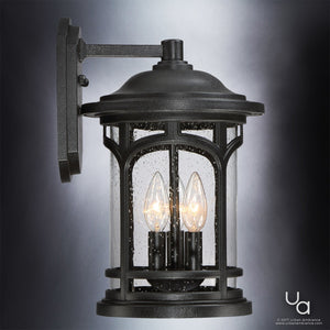 The Urban Ambiance UQL1102 Rustic Outdoor Wall Light from the Sydney Collection features a black silk finish, marine-grade build, clear seeded glass, and candle-style bulbs. Measures 14.5