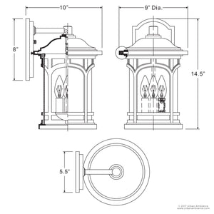 Black and white technical drawing of the Urban Ambiance UQL1102 Rustic Outdoor Wall Light from the Sydney Collection, shown in three views with labeled dimensions: 14.5